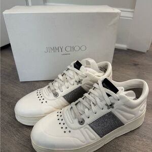 Jimmy Choo Hawaii White/Silver Leather Sneakers Size 39